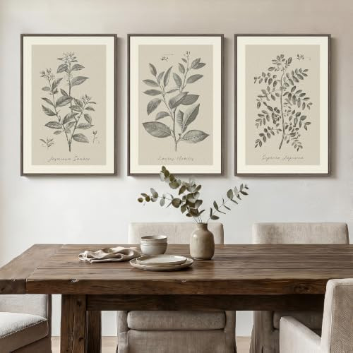 Framed Vintage Botanical Wall Art for Dining Room, 3 Piece Neutral Floral Plants Canvas Painting ... | Amazon (US)