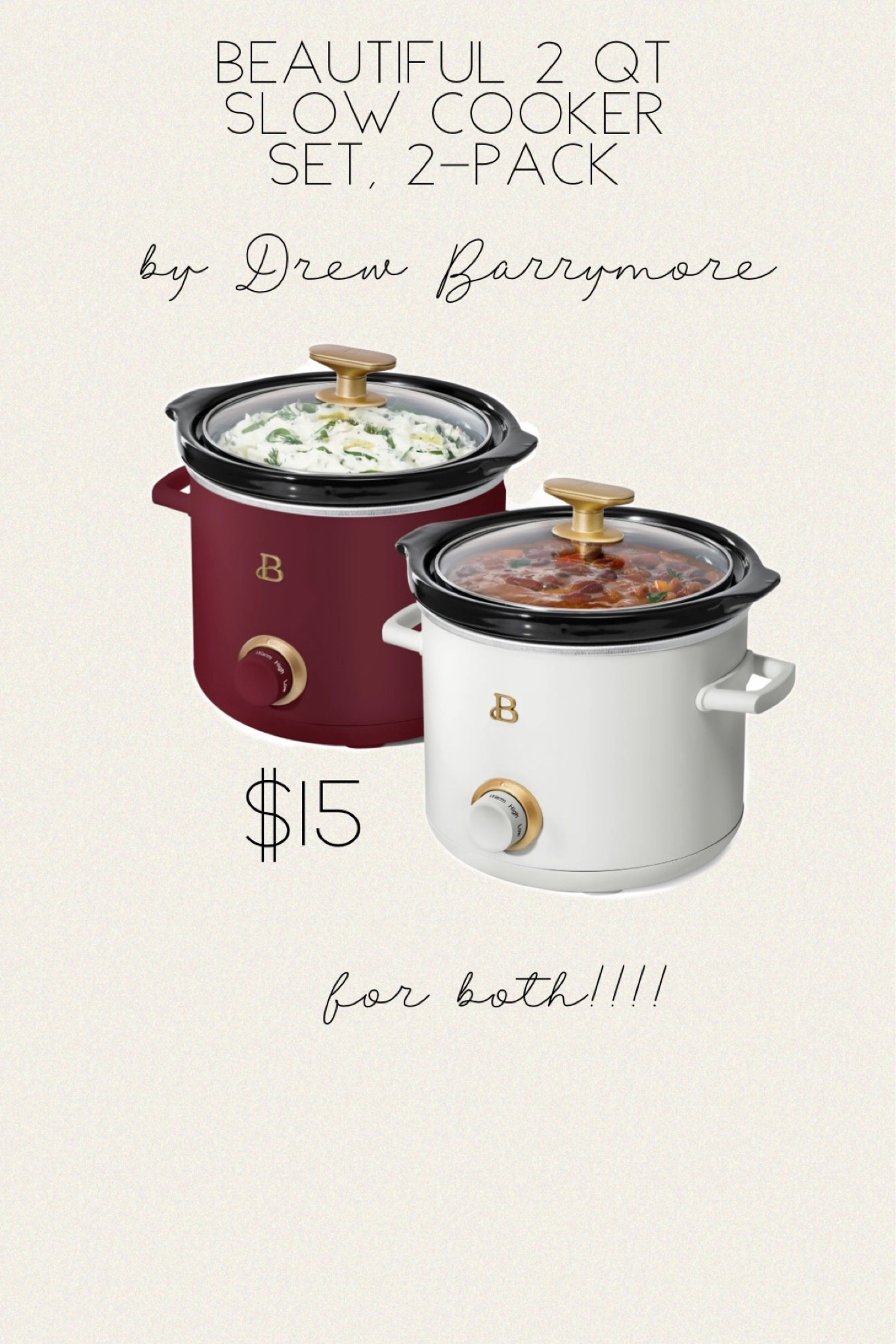 Deal: Beautiful by Drew Barrymore 2-Quart Slow Cooker 2-Pack - $15.00 Per  Pair - GottaDEAL