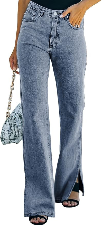 Asvivid Womens Casual High Waisted Flare Jeans Wide Leg Slit Ankle Bell Bottom Denim Pants | Amazon (US)