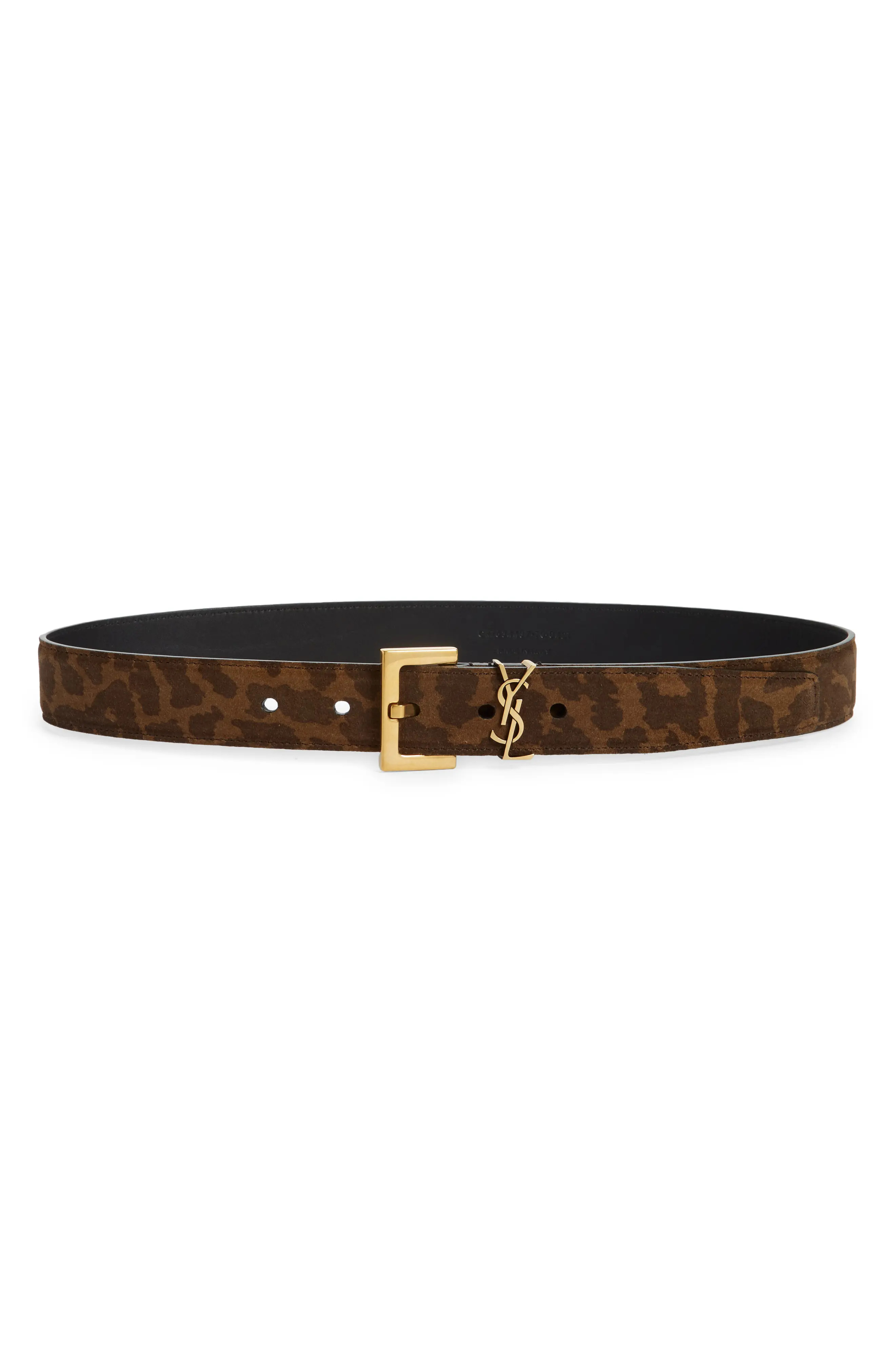 Saint Laurent YSL Monogram Leopard Print Suede Belt, Size 100 in Noix/Nero at Nordstrom | Nordstrom