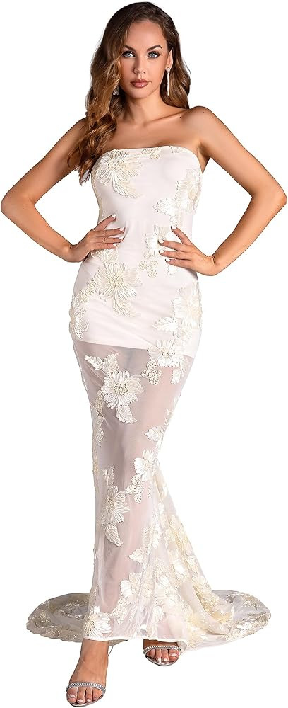 Women's Tube Sleeveless Slim Floral Embroidered Lace Bandage Maxi Dress | Amazon (US)