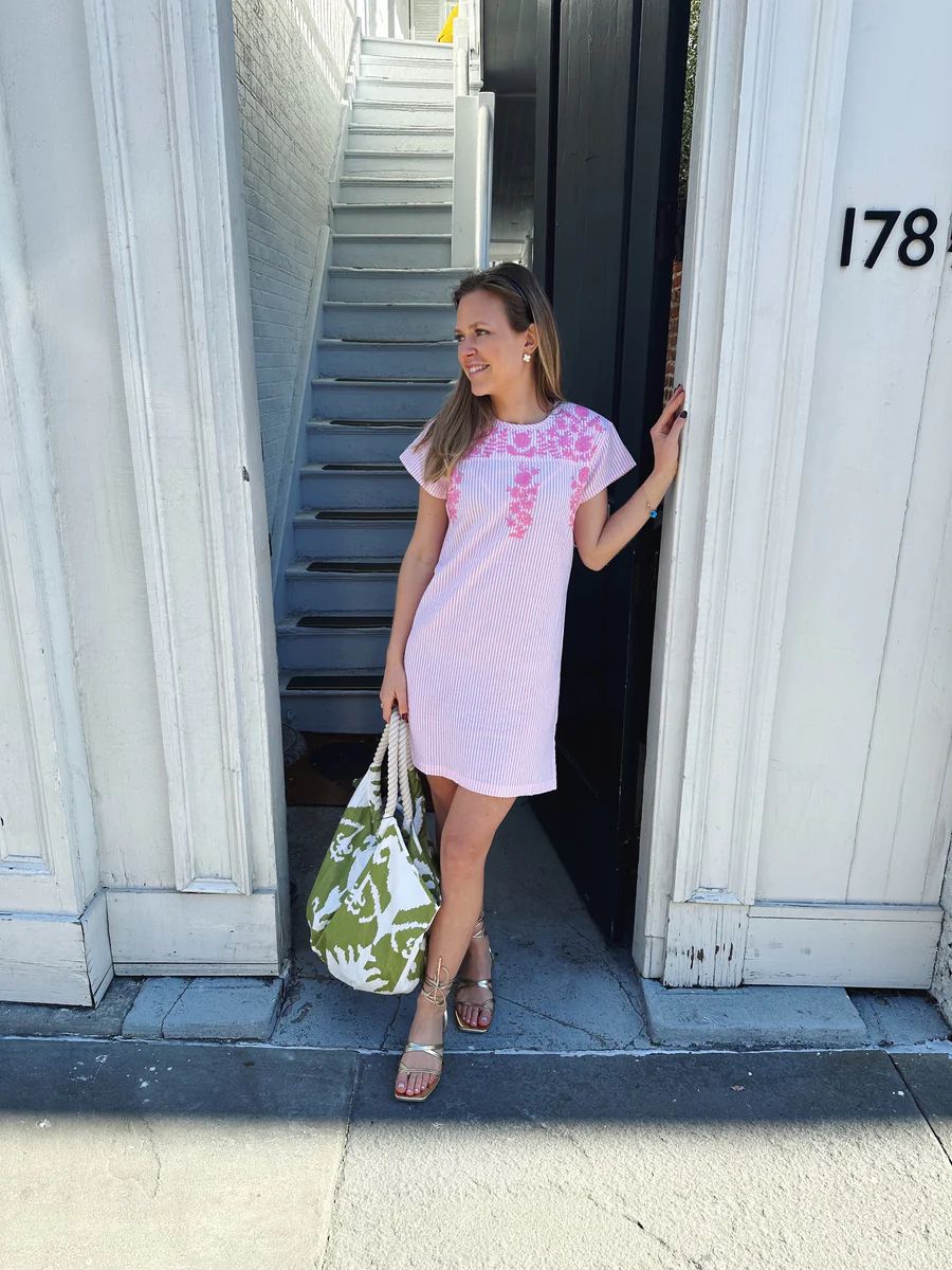 Mabry Dress Pink Seersucker | Madison Mathews