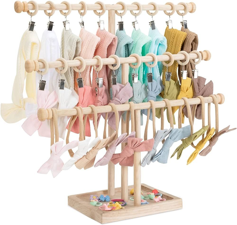 POVETIRE Headband Holder Stand Storage for Baby, 3 Tier Wooden Bow Organizer for Girls Hair Bows,... | Amazon (US)
