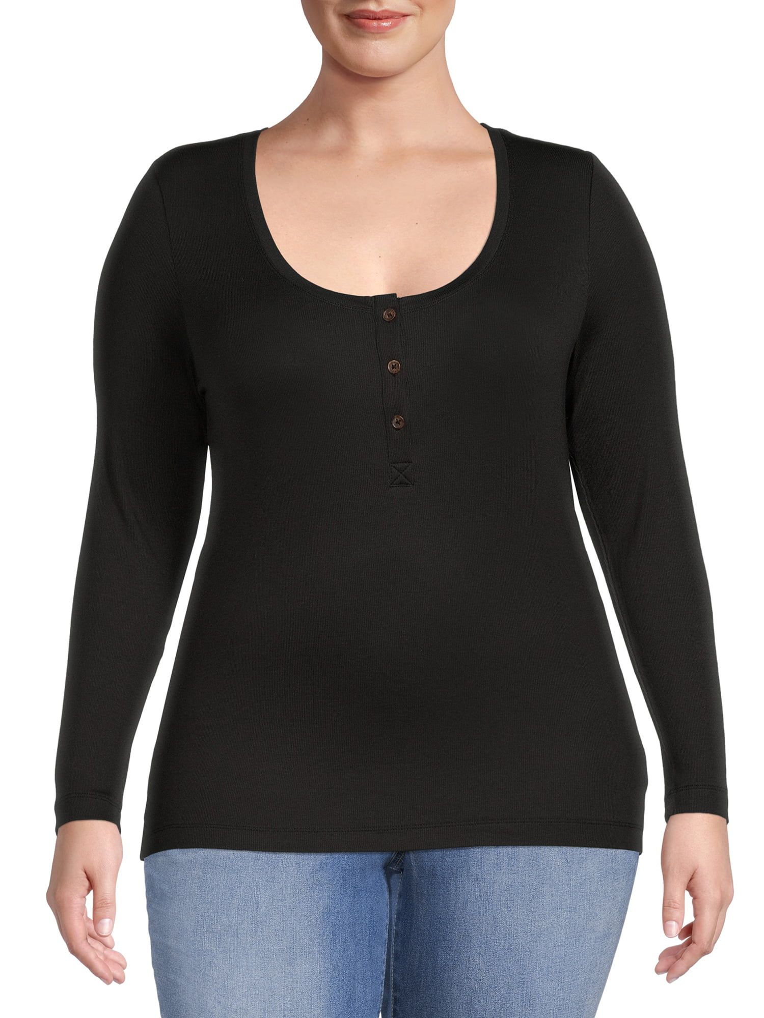 Terra & Sky Women's Plus Size Ribbed Henley with Long Sleeves - Walmart.com | Walmart (US)