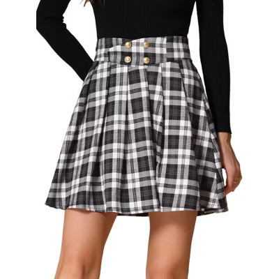 INSPIRE CHIC Women's Vintage Plaid Double Breasted A-Line Pleated Mini Skirt Black White Medium | Target