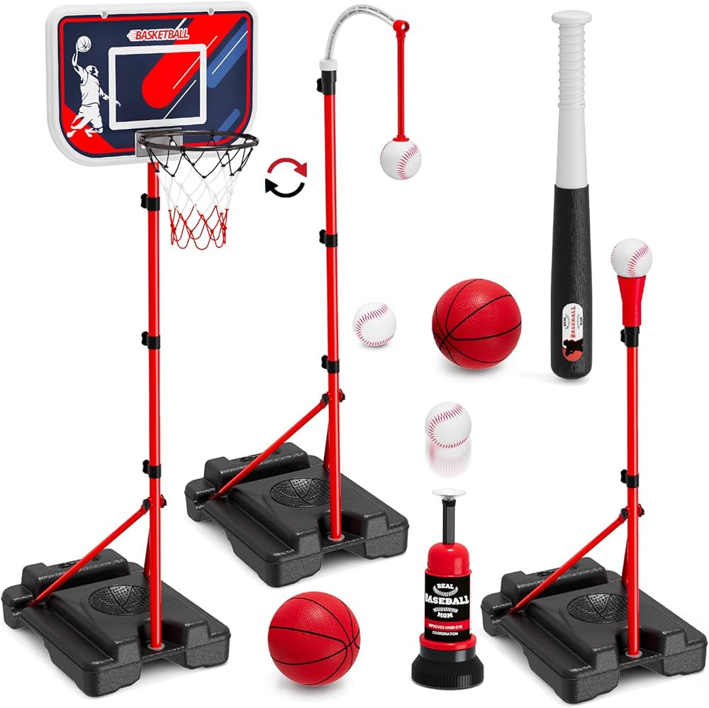 4 in 1 Kids Basketball Hoop and Tball Set for Toddlers 3-5, Adjustable Hanging Tee Ball Stand wit... | Amazon (US)