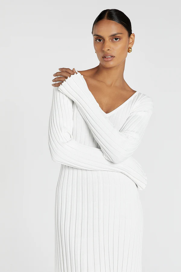 REIGN WHITE SLEEVED KNIT MIDI DRESS | DISSH