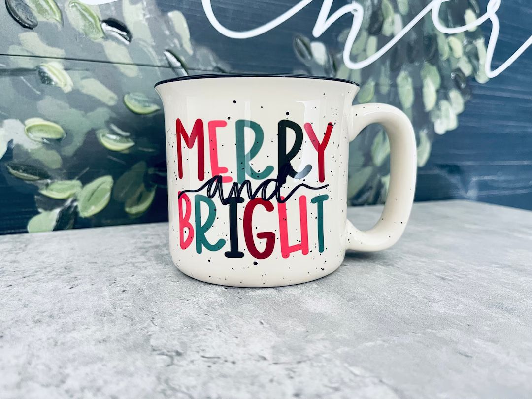Merry and Bright Holiday Christmas 13oz Ceramic Camp Style - Etsy | Etsy (US)