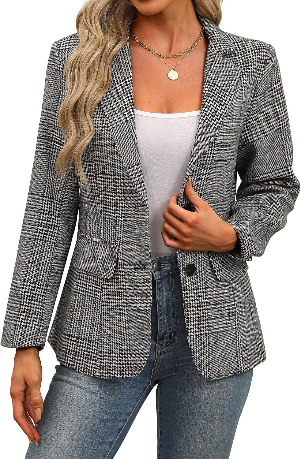 ELLEVEN Women's Business Casual Plaid Blazer Work Office Suit Jackets | Amazon (US)