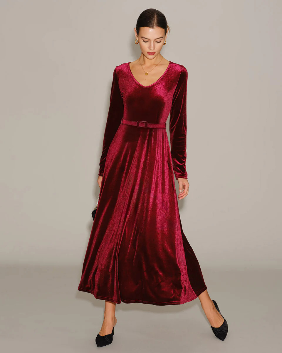 Wine Red Velour V Neck Maxi Dress | rihoas.com