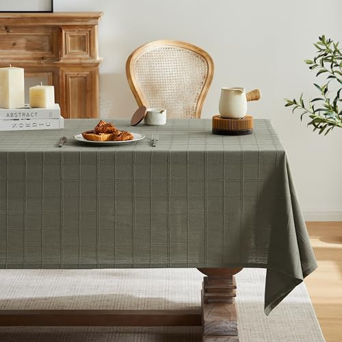 ZeeMart Linen Checked Table Cloth, Farmhouse Style Plaid Embroidered Green Tablecloth, Water Resistant Square Table Cloth, Olive 52x52 Inches | Amazon (US)