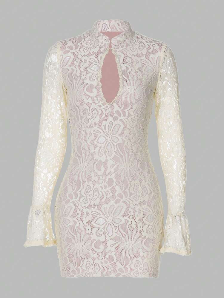 Women Flare Long Sleeve Hollow Out Lace Mini Dress Bodycon Sexy Party Dress | SHEIN USA | SHEIN
