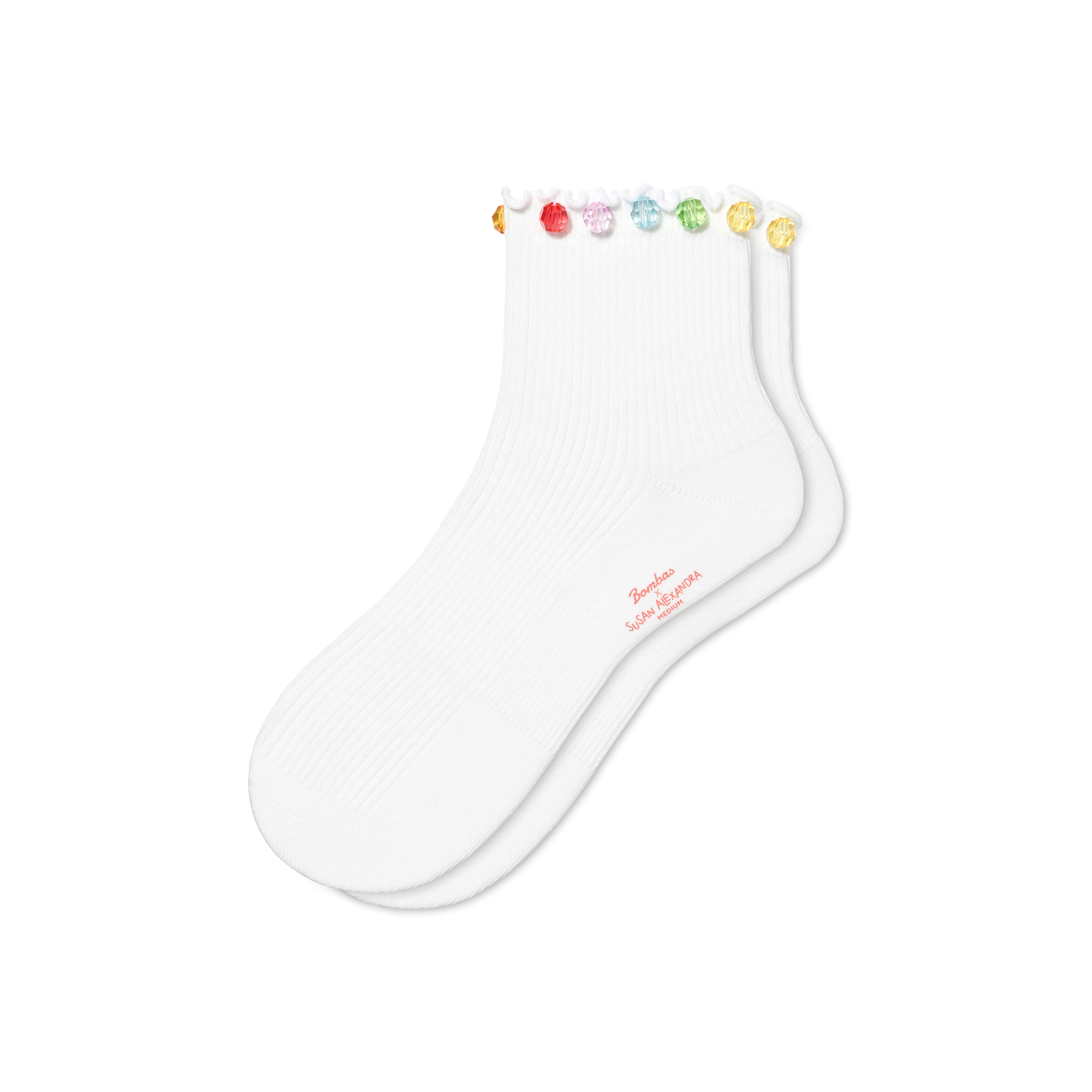 Bombas x Susan Alexandra Embellished Ruffle Rib Quarter Socks - White Cherry - Large - Cotton Blend | Bombas