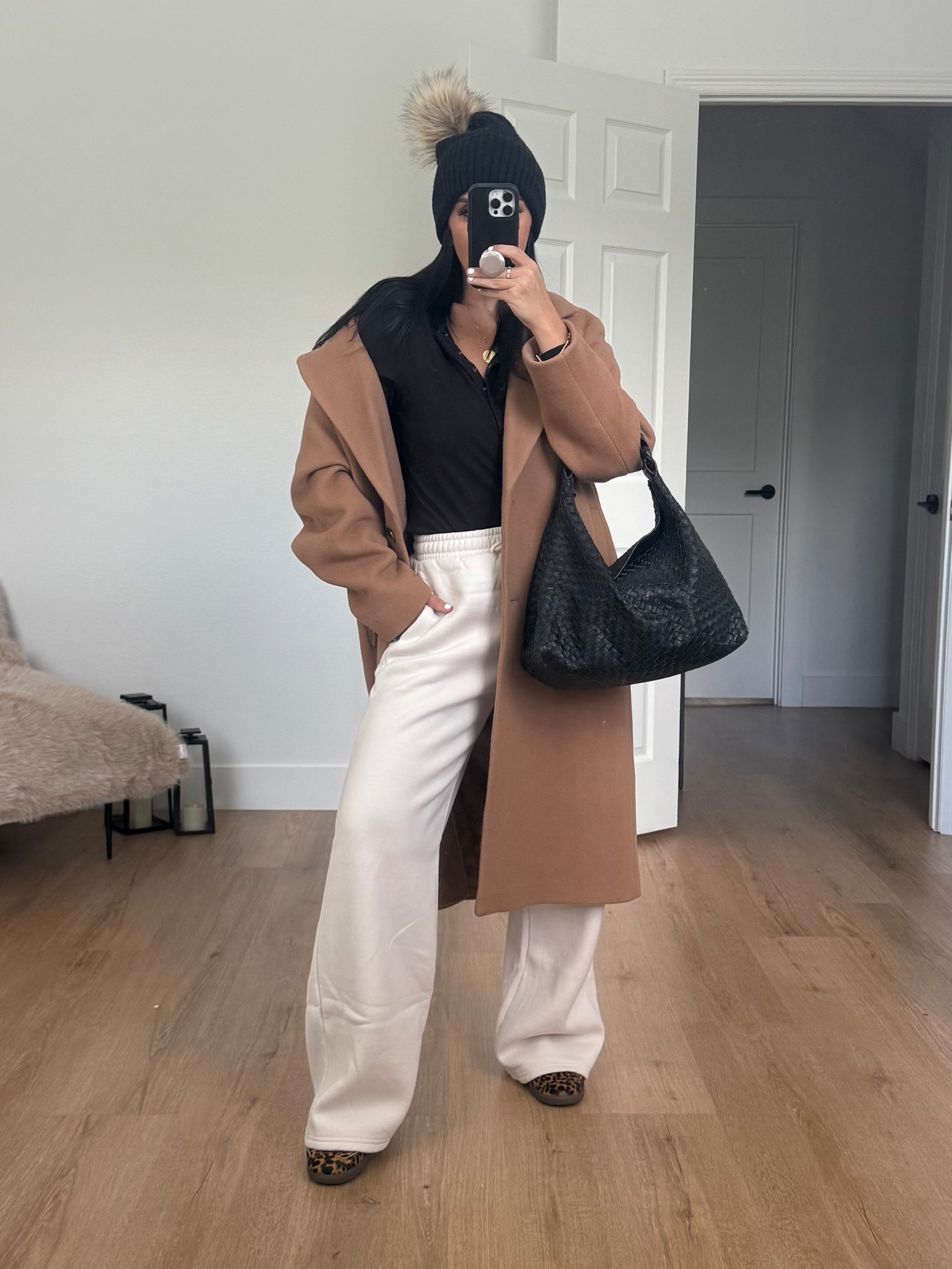 Wilfred The Only Coat - Wool Cashmere. Time and Tru Women's and Women's Plus V Neck Tunic Sweatshirt wearing size medium. Abercrombie High Rise Wide Leg Sunday Sweatpant. Adidas Leopard Sambas