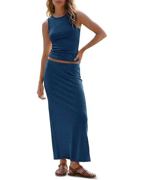 BTFBM Womens Two Piece Outfits Summer Lightweight 2026 Mock Neck Sleeveless Knit Tops Maxi Skirt ... | Amazon (US)