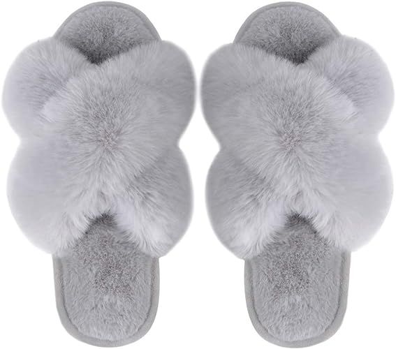 Women's Cross Band Slippers Soft Plush Furry Cozy Rabbit Fur House Shoes Flip Flop Open Toe Indoo... | Amazon (US)