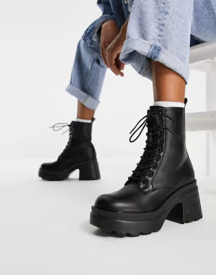 Truffle Collection chunky heeled lace up boots in black | ASOS (Global)