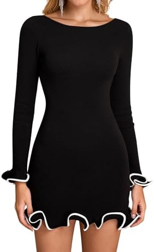 Women's Long Sleeve Ruffle Knit Mini Dress Boat Neck Bodycon Short Going Out Party Sweater Dresse... | Amazon (US)