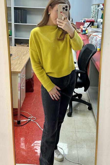 Teacher ootd, chartreuse mock neck sweater, yellow sweater, green sweater, cashmere sweater, spring sweater, black jeans, black denim, agoldie jeans, white sneakers, white tennis shoes, spring shoes, casual work outfit, teacher outfit, gold watch, gold earring, vintage style earrings

#LTKshoecrush #LTKstyletip #LTKfindsunder100