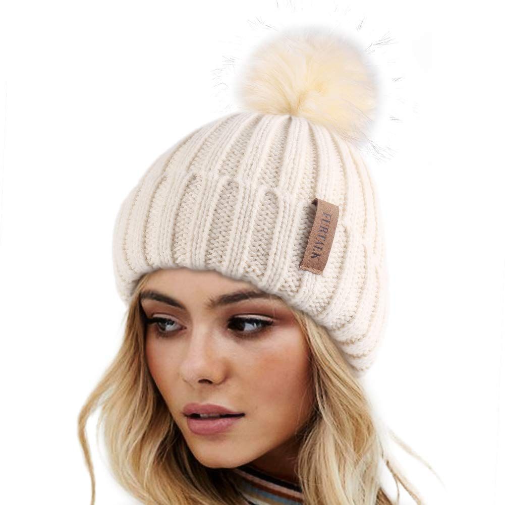 Womens Winter Knitted Beanie Hat with Faux Fur Pom Warm Knit Skull Cap Beanie for Women | Amazon (US)