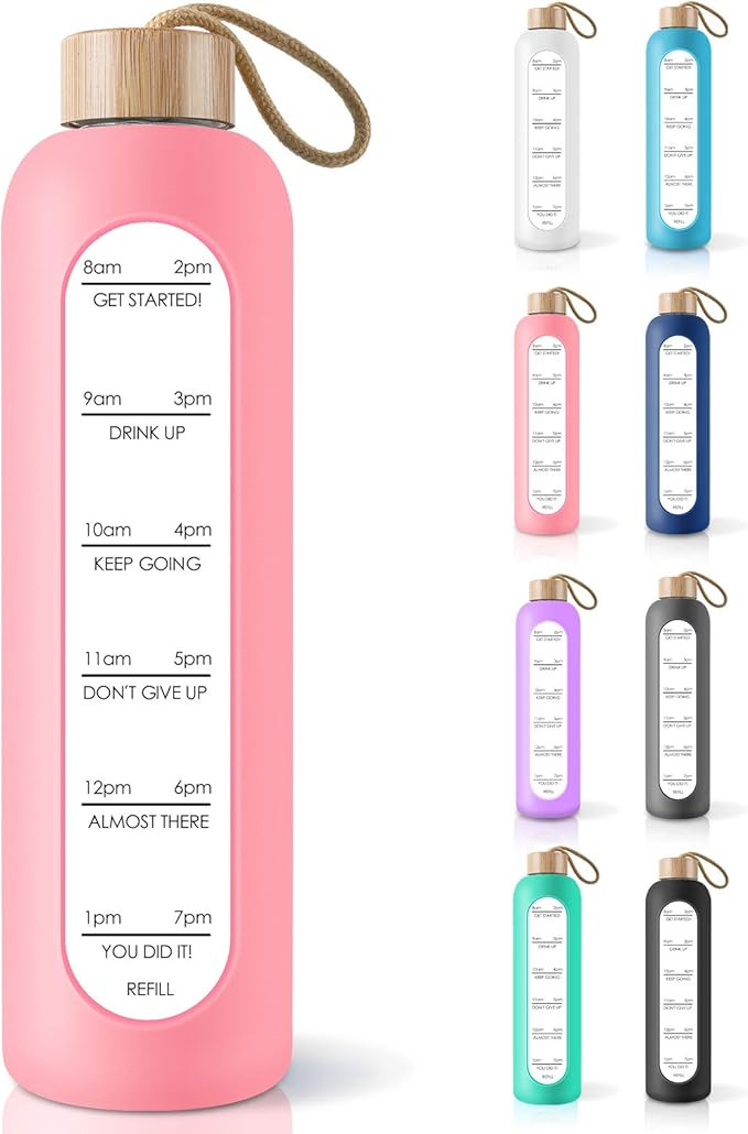 PROBTTL 32 Oz Borosilicate Glass Water Bottle with Time Marker Reminder Quotes, Leak Proof Reusab... | Amazon (US)