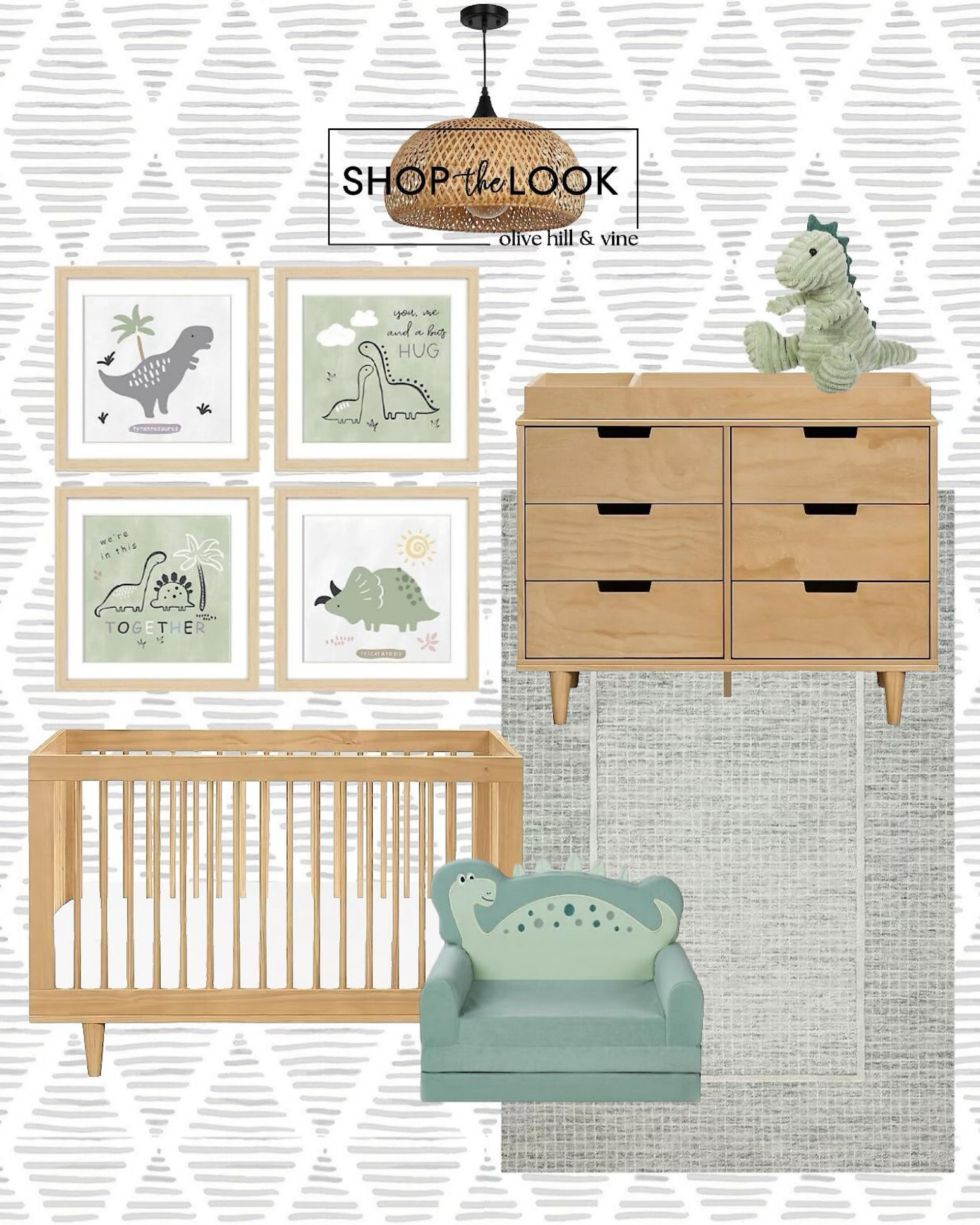 Step into a prehistoric paradise for your little explorer! Imagine a nursery where honey-colored wood meets whimsical dinosaur art in soothing greens and grays. Our design features modern striped rhombus wallpaper and a bamboo pendant light, creating a cozy, natural ambiance. Complete with a convertible crib, a versatile dresser, and a fold-out toddler lounger, every detail is curated for comfort and charm. Ideal for nurturing imagination and style from day one! 

#LTKBump #LTKHome #LTKBaby