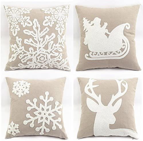WOMHOPE Pack of 4 Christmas Pillow Covers Embroidery Sleigh Snowflakes Winter Decorative Square C... | Amazon (US)