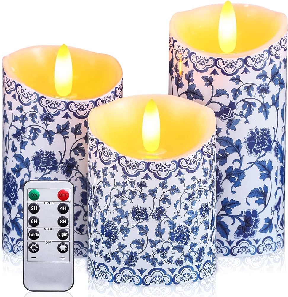 3 Pcs Chinoiserie Flameless Candles Blue and White Battery Operated Candles Blue White Floral Pri... | Amazon (US)