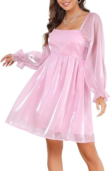 Women's Plus Size Tulle Dress Square Neck Puff Sleeve Puffy Babydoll Mesh Mini Dress | Amazon (US)