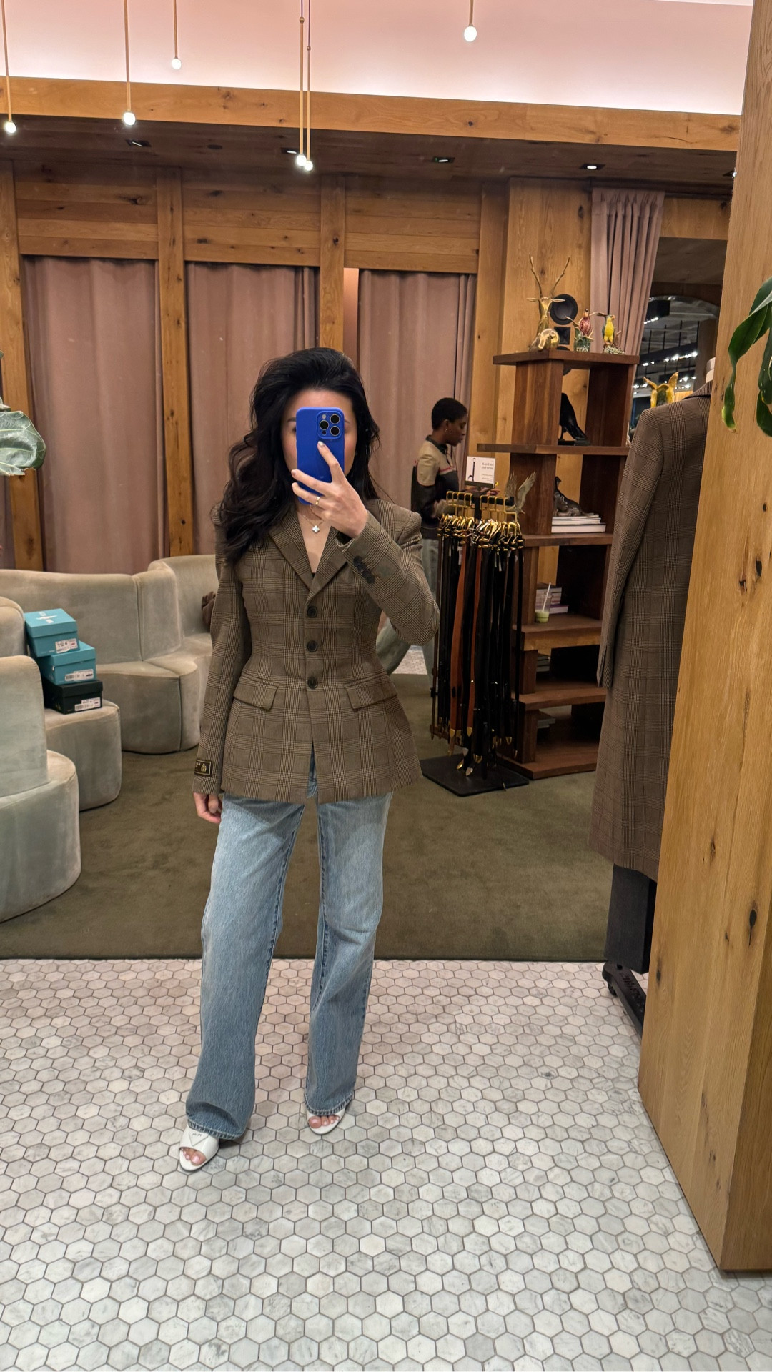 Structured plaid blazer from Aritzia. Wearing size XS. Fits TTS. 

Blazer, low rise jeans, denim, jeans outfit, medium wash, wide leg jeans, denim forum, aritzia, plaid blazer, trending blazer, cinched waist 

#LTKsale #LTKstyletip #LTKworkwear