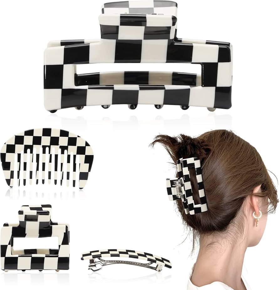 Checkered Hair Accessories Non-Slip Acetate Claw Hair Clips Black And White Plaid Printed Barrett... | Amazon (US)