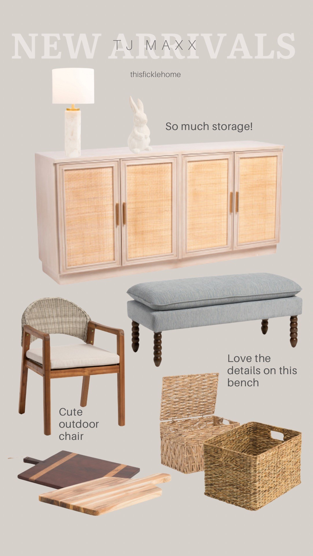 New home arrivals at TJ Maxx! Upholstered bench. Woven storage basket with lid. Charcuterie boards. Cane sideboard.

#LTKSaleAlert #LTKHome