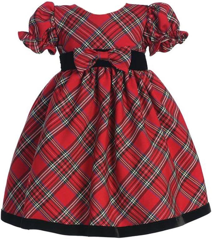Girls Plaid Holiday Christmas Baby Dress with Velvet Trim - Special Occasion Dress | Amazon (US)