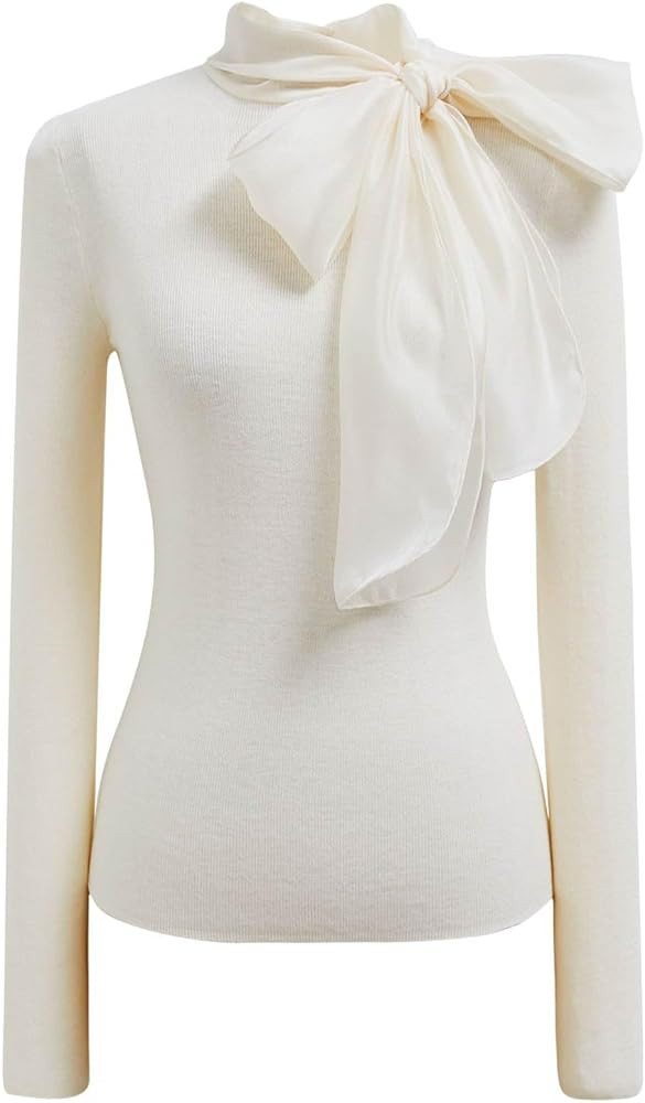 CHICWISH Women Organza Bowknot Neck Knit Top Long Sleeve Elegant Slim Fitted Fall Casual Solid Pu... | Amazon (US)