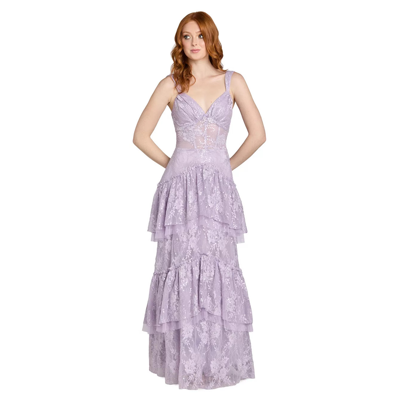 Juniors' Morgan and Co Lace & Sequin Tiered Flounce Evening Gown | Kohl's