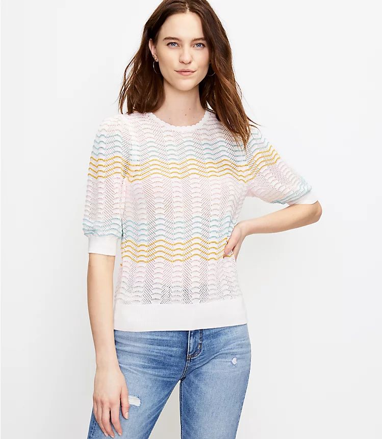 Striped Pointelle Puff Sleeve Sweater Tee | LOFT | LOFT