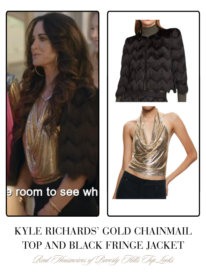 Kyle Richards' Gold Chainmail Top and Black Fringe Jacket 

 