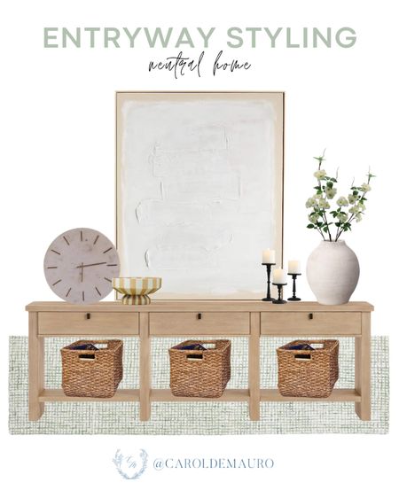 Received a warm and stylish welcome to your home with this neutral entryway inspo: abstract rug, console table, braided crates, candleholders, faux flowers, ceramic vase, and more!
#designtips #interiordesign #modernhome #summerrefresh

#LTKHome #LTKStyleTip

#LTKSeasonal