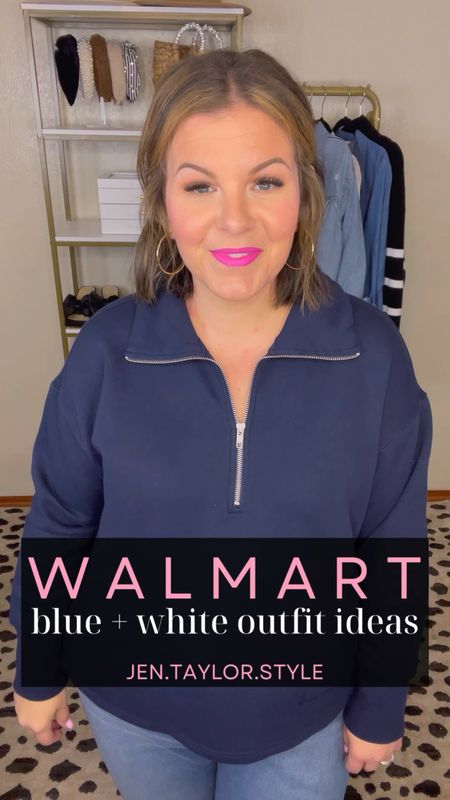 Walmart curvy outfits - blue and white edition! 💙🤍 Workwear, casual, and a $20 floral spring dress. 
1/4 zip XXL, jeans 20, plaid pants 1X, white button up XXXL, navy sweater XXL, dress XXXL. ➡️ IMPORTANT NOTE ON THE DRESS: Walmart has them flipped online so if you want the blue, select the ivory floral dress! You’ll see when you click the ivory that the color is listed as dark navy ditsy. If you choose the navy, you’re going to get the ivory when it arrives. Read the reviews and you’ll see people talking about this. 

Plus size Walmart outfit, midsize Walmart outfit, workwear outfit, spring outfit, pear shaped outfit 

#LTKfindsunder50 #LTKplussize #LTKmidsize