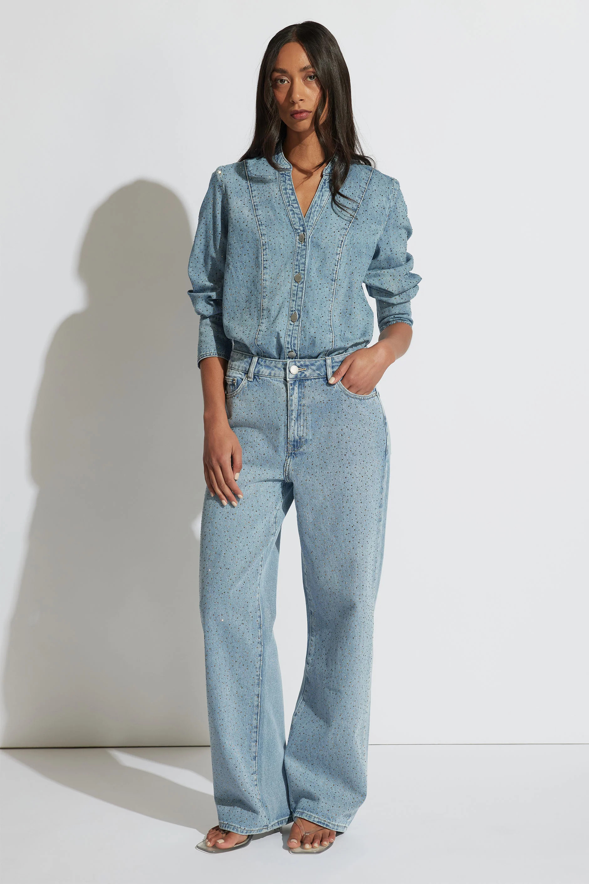 Isabel Rhinestone Straight Leg - Light Vintage Blue | DECJUBA | DECJUBA