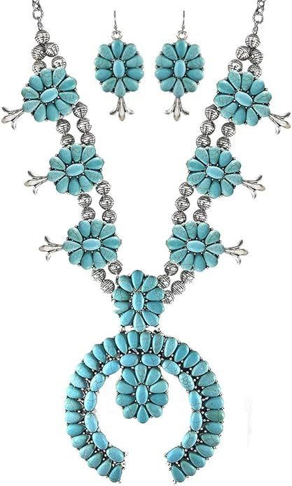 Turquoise Vintage Squash Blossom Metal Statement Necklace/w Earrings No.785 | Amazon (US)