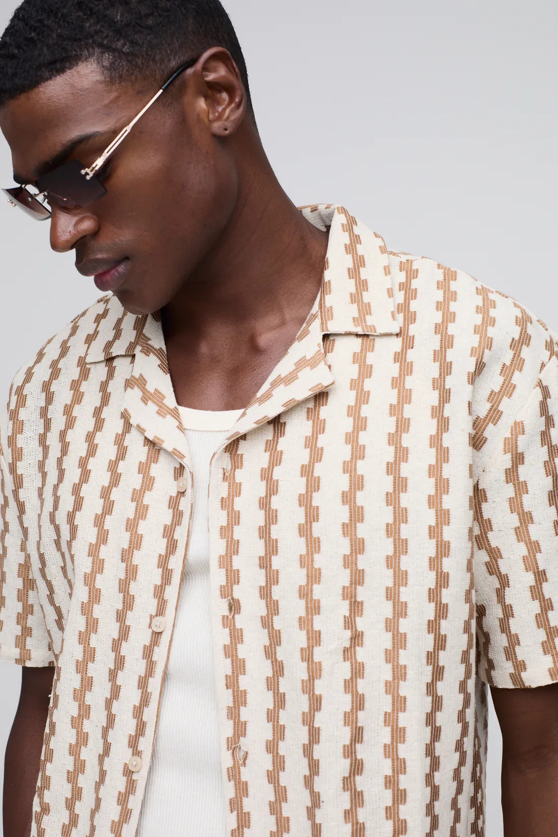 Regular Revere Textured Open Weave Stripe Shirt | Boohoo.com (UK & IE)