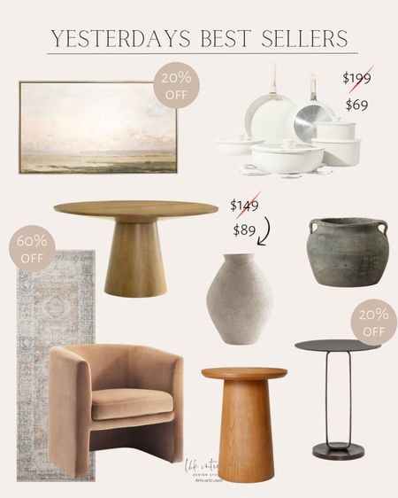 Yesterdays Best Sellers 
Sloan side table / vintage clay vase / carote nonstick cookware sets / Vernon upholstered accent chair / antique tan vase / wall art / runner rug 

#LTKHome #LTKSaleAlert