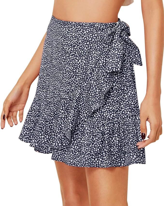 WDIRARA Women's Polka Dots Knot Wrap Side Ruffle Mini Skirt | Amazon (US)