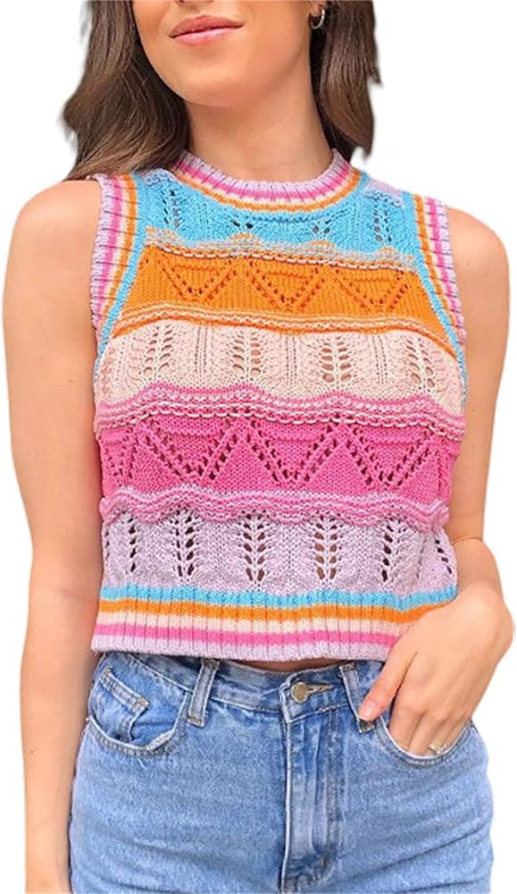 Fayueye Womens Sleeveless Sweater Vest Crochet Knit Crew Neck Crop Tank Top Shirt Y2k Streetwear | Amazon (US)