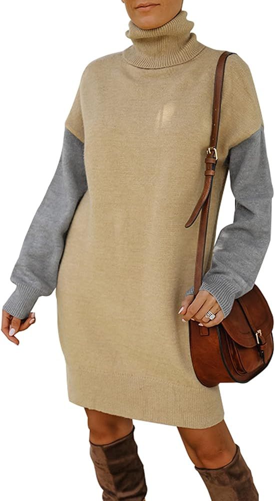 NALANISA Women's Loose Turtleneck Long Sleeve Midi Sweater Dress Winter Knitted Color Block Pullover | Amazon (US)