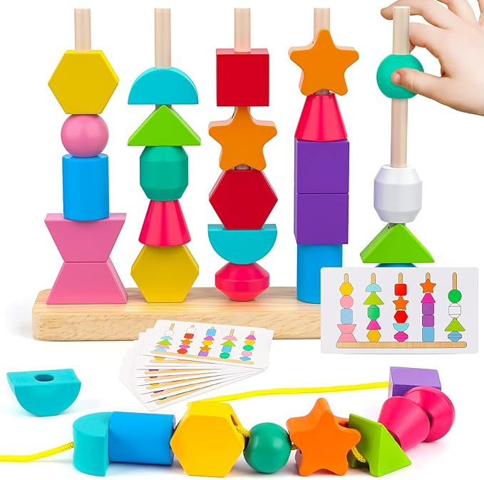 Montessori Wooden Beads Sequencing Toy Set, Stacking Blocks & Lacing Beads & Matching Shape Stack... | Amazon (US)