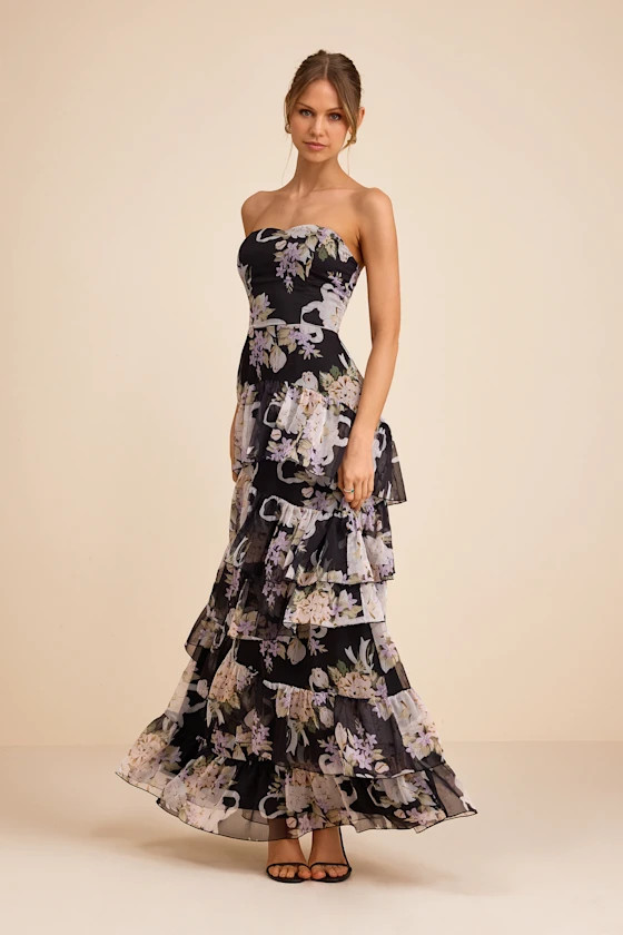 Niyati Black Floral Strapless Tiered Maxi Dress | Lulus
