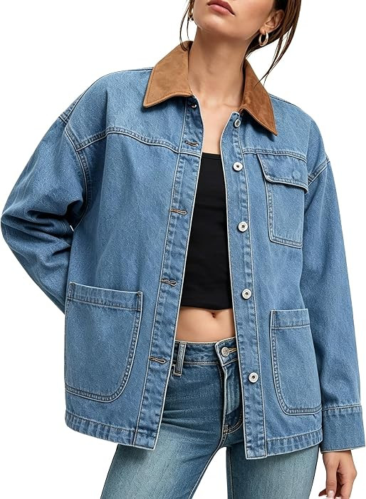Womens Oversized Denim Jacket 2025 Trendy Button Up Long Sleeve Jean Jacket with Faux Suede Colla... | Amazon (US)