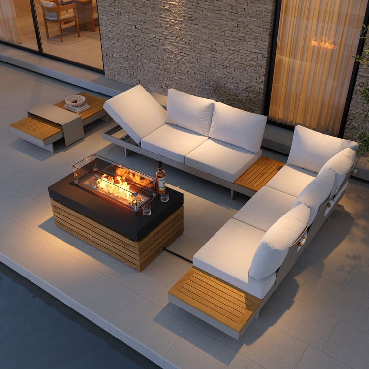 5-Pieces Modular Teak Outdoor Sofa Set with Smokeless Fire Pit 6 Person in Light Khaki | Homary